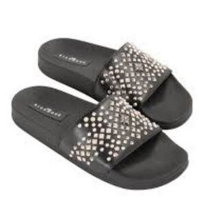 John Richmond Black Studded Leather Pool Slide Sandals Size 41/ US 8